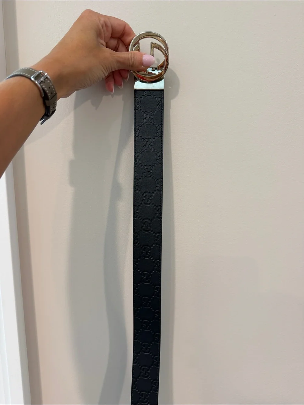 Gucci Black Embossed GG Leather Belt with Silver Double G Buckle 95